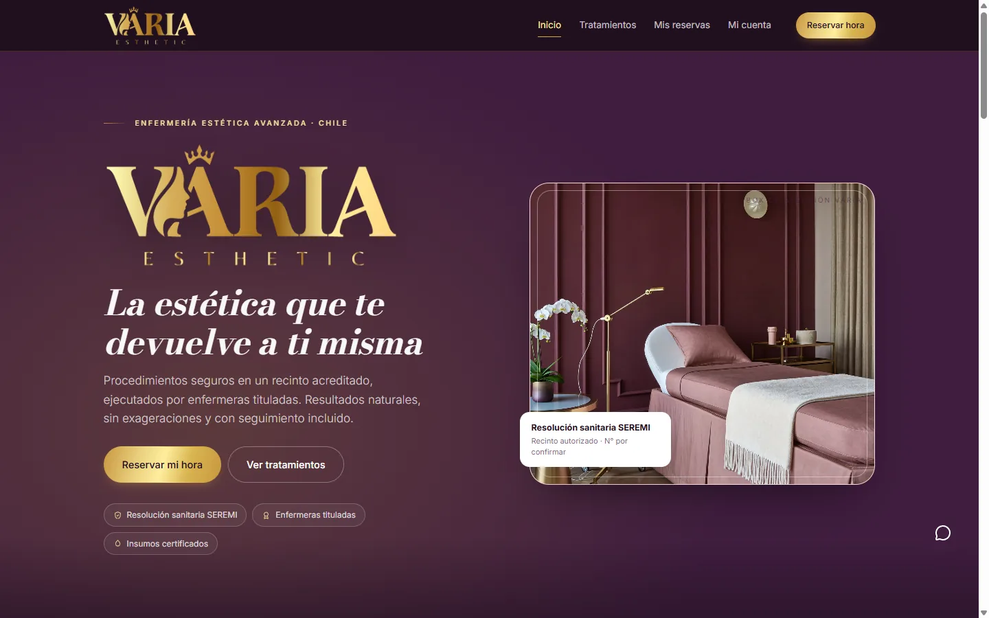 Captura del sitio Varia Esthetic con agendamiento en línea